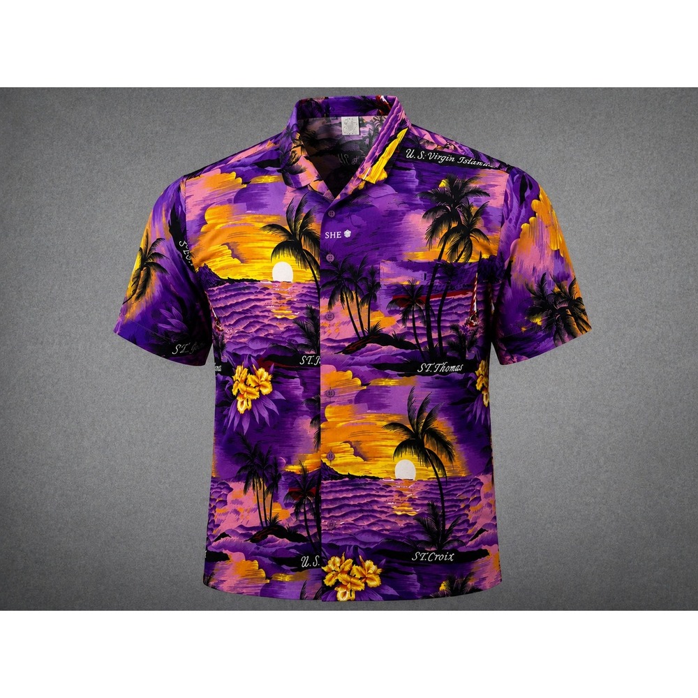 Vintage Rina Hawaiian Shirt L Purple Terivoile St Thomas St John St Croix